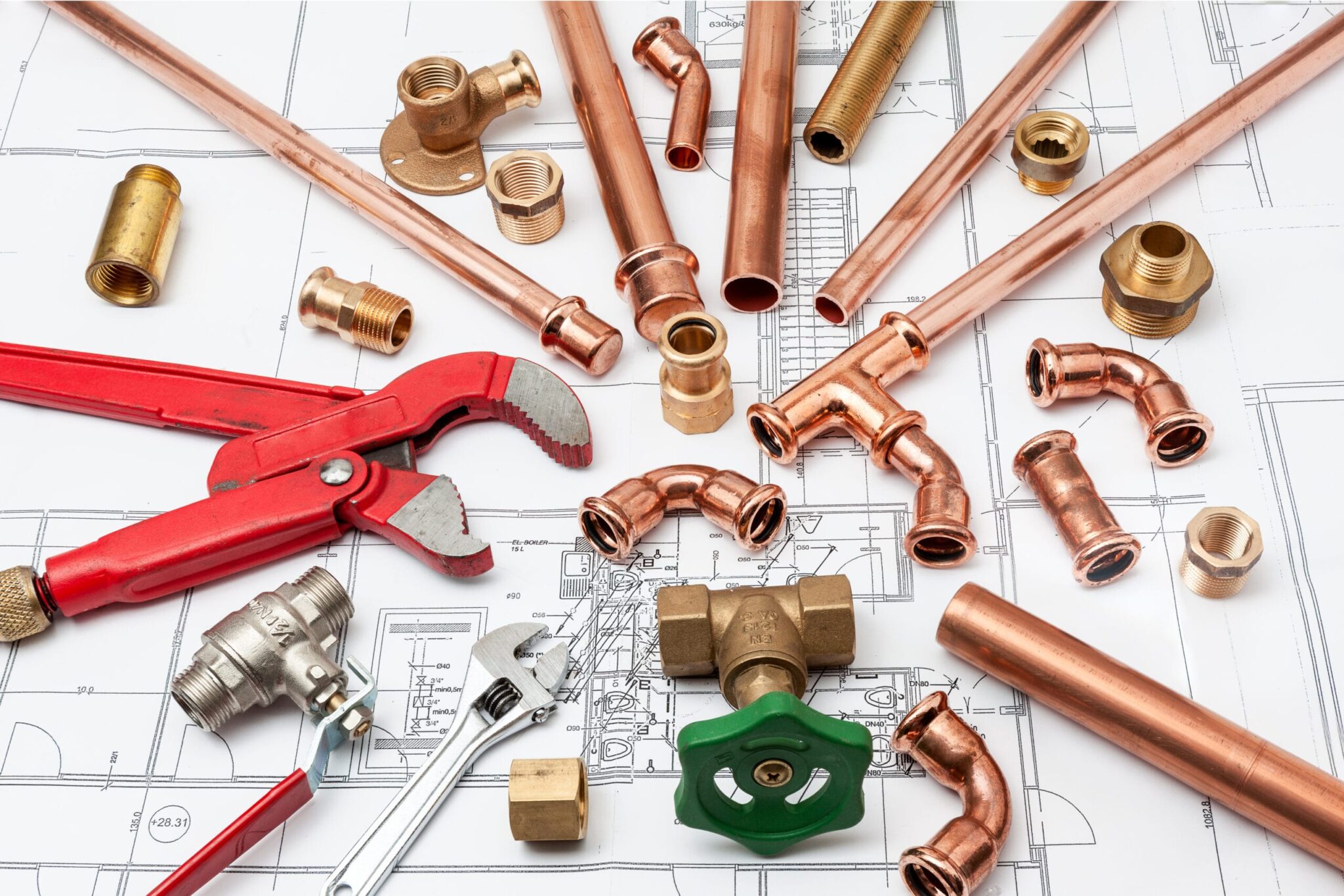 Copper pipes, fittings, valves, and plumbing tools in Lafayette