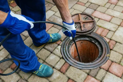 Plumber cleaning an outdoor sewer drain in Lafayette