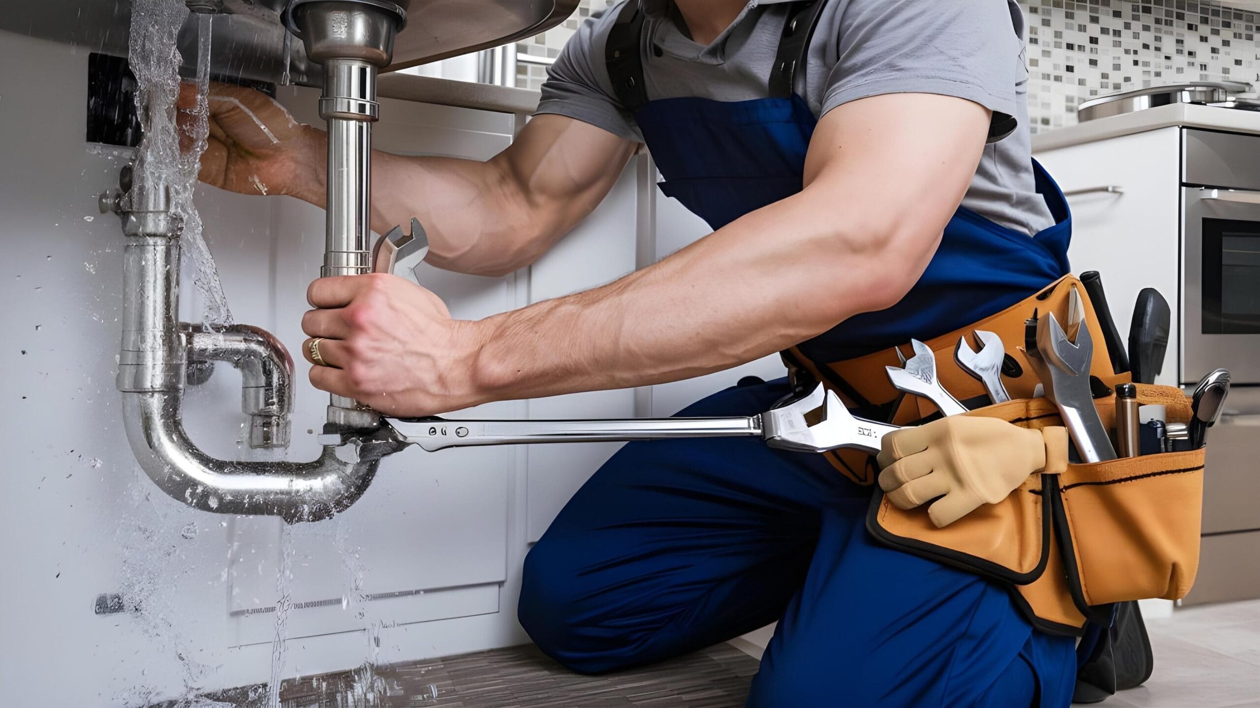 Plumber tightening a residential plumbing pipe in Lafayette