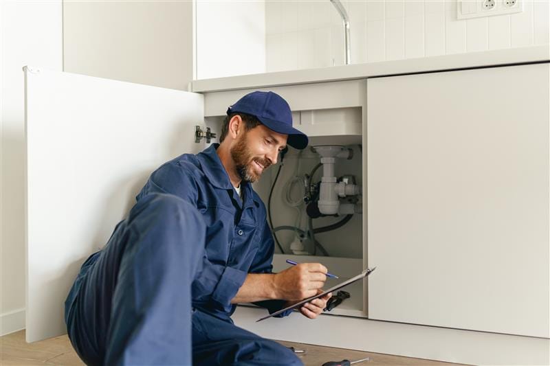Residential plumber reviewing plumbing repairs in a Lafayette kitchen