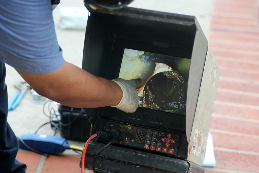 Technician viewing a drain inspection camera in Lafayette