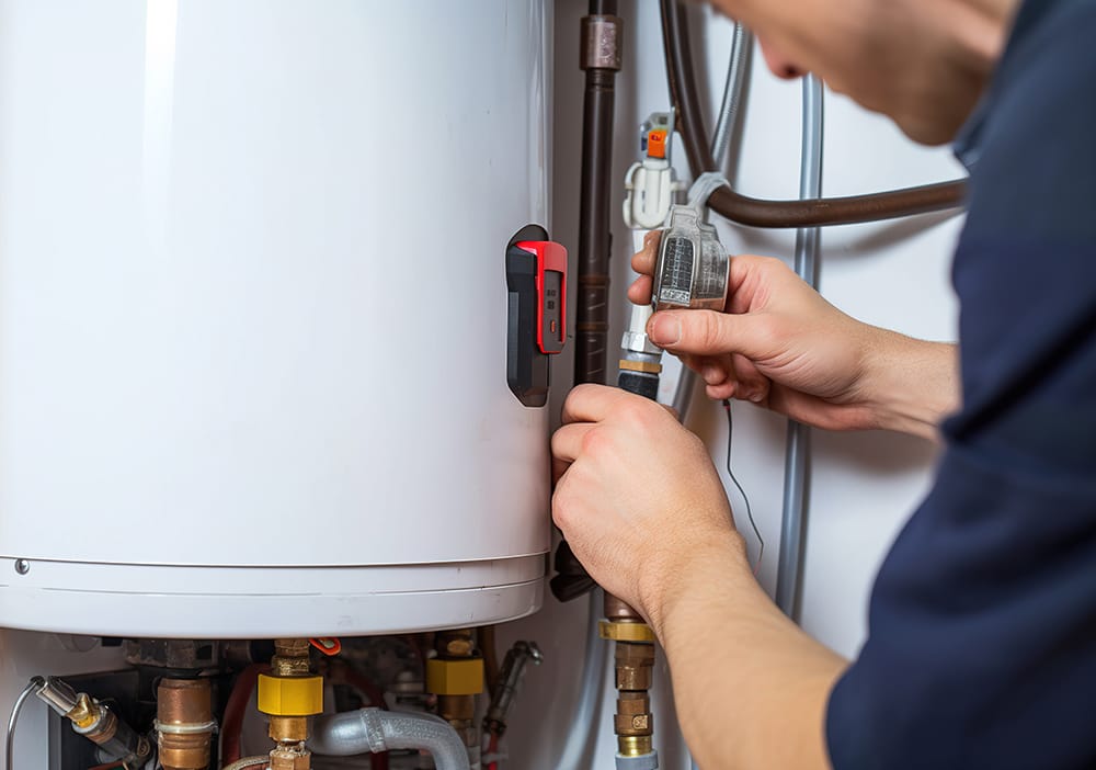 Technician repairing pipes connected to a water heater in Lafayette